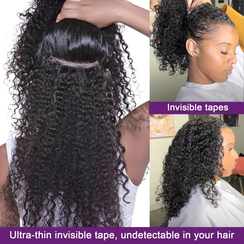 Deep Wave Curly Tape in Hair Extensions 100% Brazilian Human Hair Adhesive Tape on Extensions Human Hair Natural Black 16-26inch