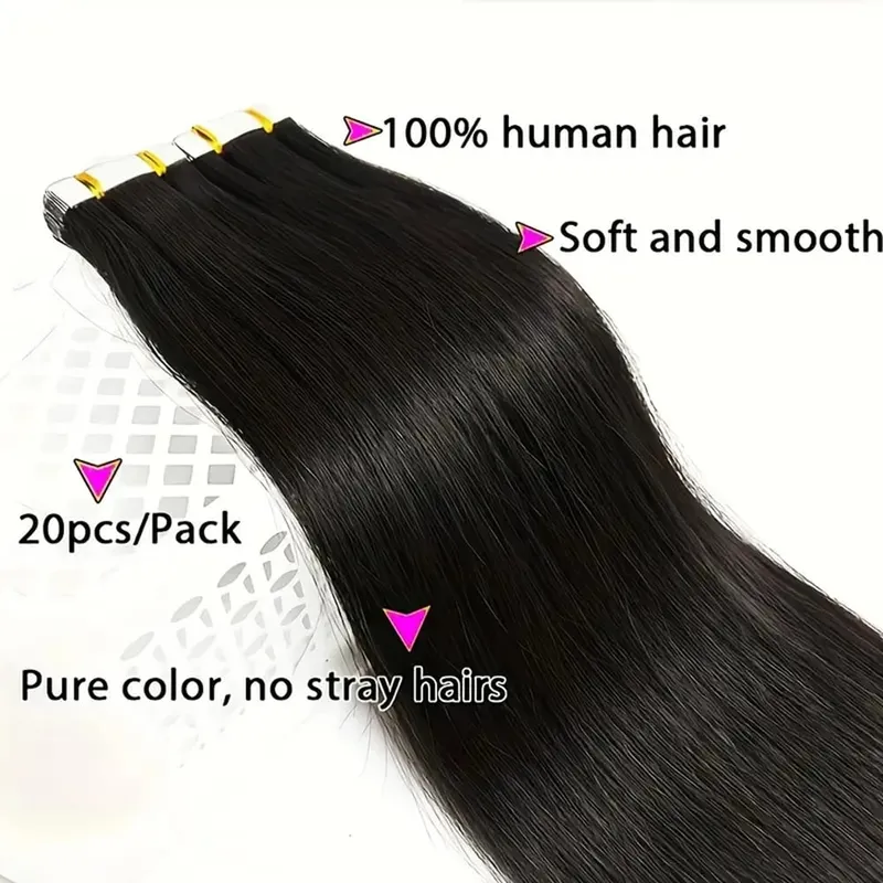 20pcs/Pack Tape In Human Hair Extensions Natural Straight 100% Remy Human Hair Extensions with Seamless Invisible Tape Ins Hair — image 4