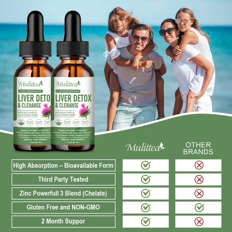 Mulittea Liver Health Drops com cardo leiteiro e alcachofra -60ml de mistura de ervas com silimarina, dente-de-leão, cúrcuma e berberina para limpeza do fígado, reparo de desintoxicação e suporte diário