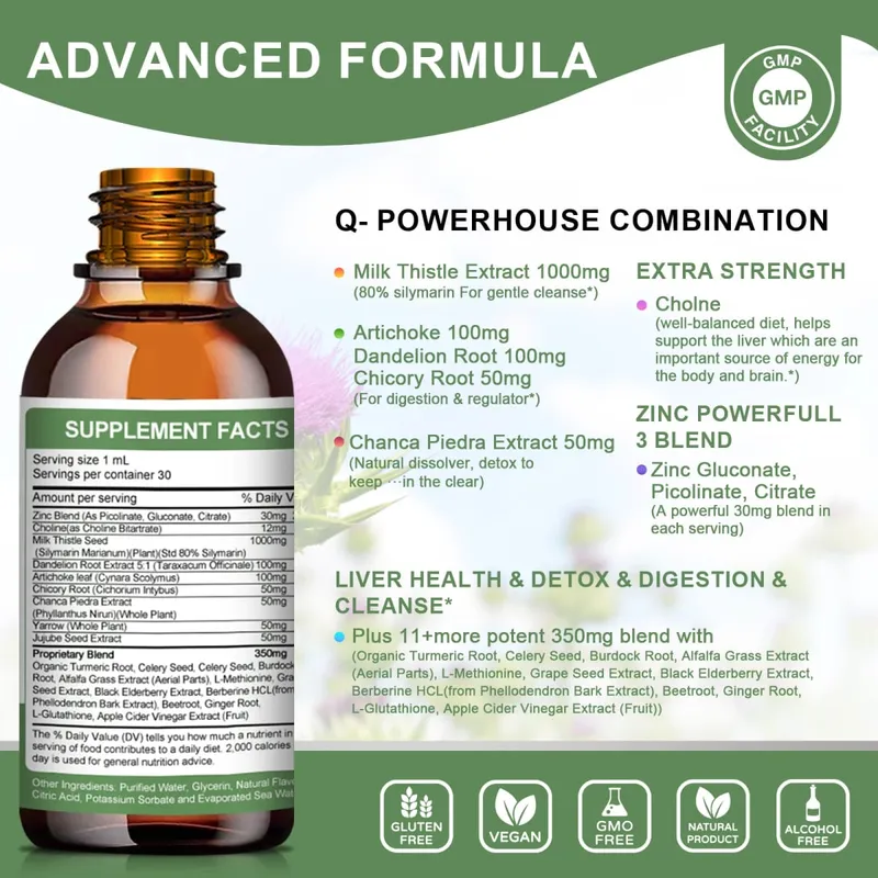 Mulittea Liver Health Drops com cardo leiteiro e alcachofra -60ml de mistura de ervas com silimarina, dente-de-leão, cúrcuma e berberina para limpeza do fígado, reparo de desintoxicação e suporte diário