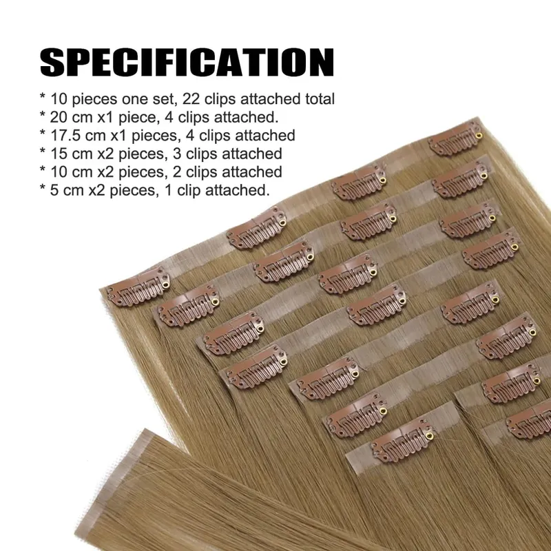 Straight Clip In PU Human Hair Extensions 10 Pcs/Set Full Head Clip Ins Hair 100/170 Grams Clip on PU Hair Extension for Women