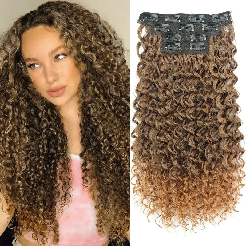 Synthetic Kinky Curly Clip On Hair Extensions Fluffy Messy Heat Resistant Fiber Black Blonde Hair Extensions For Women — image 5