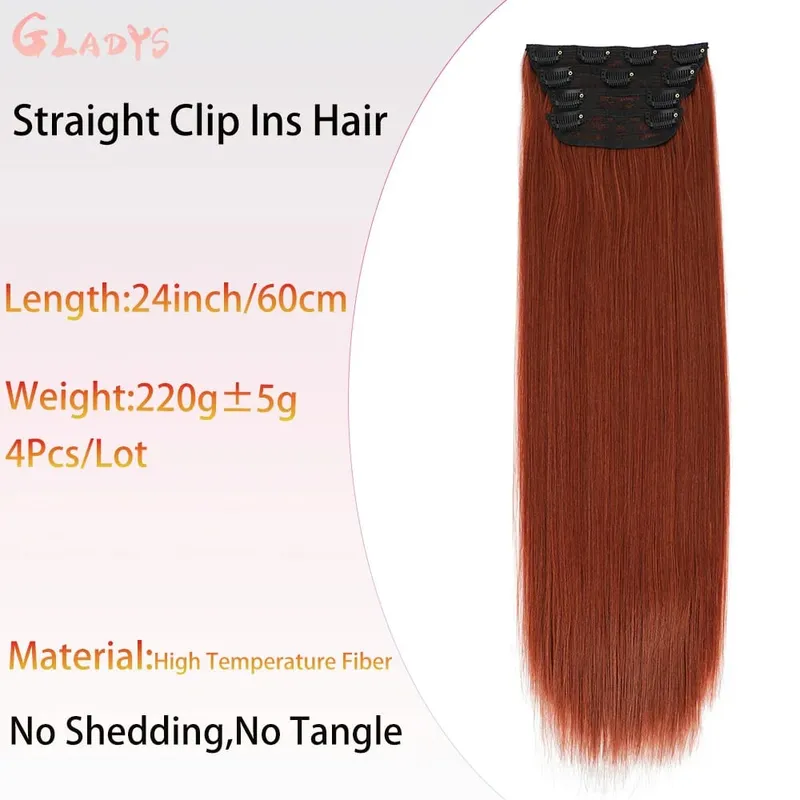 Straight High Temperature Fiber 11 Clips Ins Hair Extensions 24 Inch Orange Brown Synthetic Hair Daily Use Hair Pieces For Women — image 4