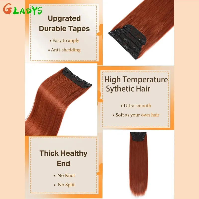 Straight High Temperature Fiber 11 Clips Ins Hair Extensions 24 Inch Orange Brown Synthetic Hair Daily Use Hair Pieces For Women — image 5