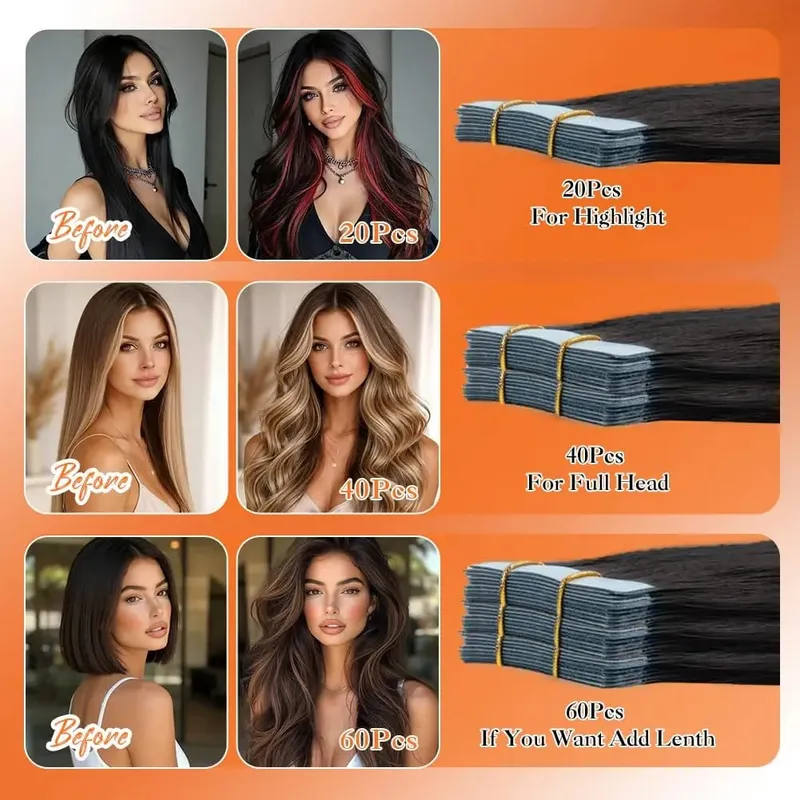 100% Human Hair Tape in Extensions 16 Inch Black 20pcs 50g Invisible Seamless Skin Weft Straight Human Hair Extensions — image 6