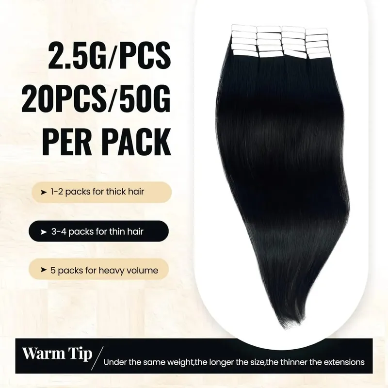 Straight Tape In Hair Extensions Adhesive Invisible Seamless 100% Human Hair 20pcs/50g Replaceable Glue Tape ins Natural Black — image 5