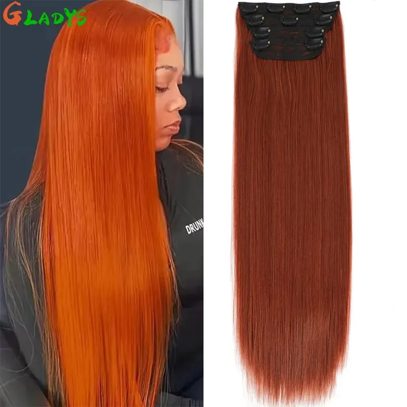 Straight High Temperature Fiber 11 Clips Ins Hair Extensions 24 Inch Orange Brown Synthetic Hair Daily Use Hair Pieces For Women — image 2