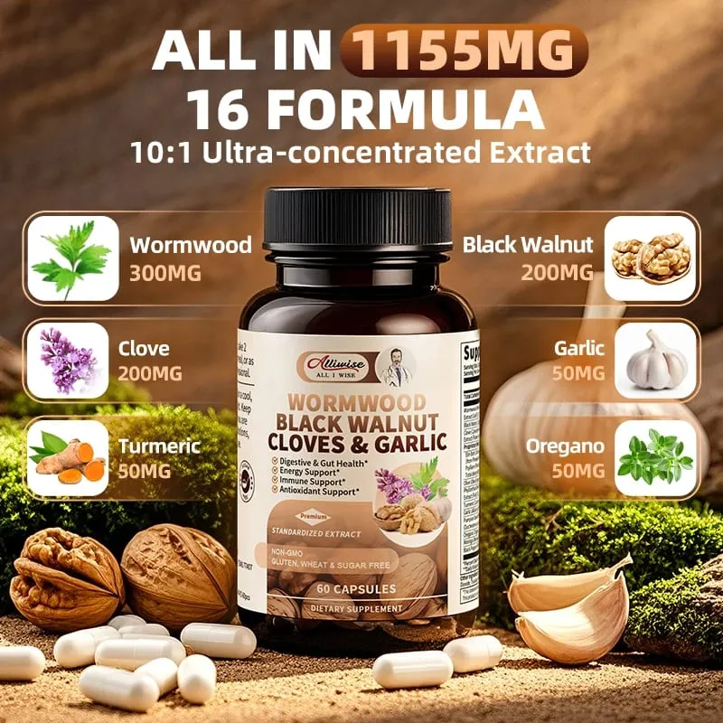 Alliwise 16-in-1 Black Walnut Wormwood Capsules Rapid Gut Cleanse & Digestive Health with Clove Garlic Turmeric Liposomal Delivery 98% Absorption Vegan Gluten-Free