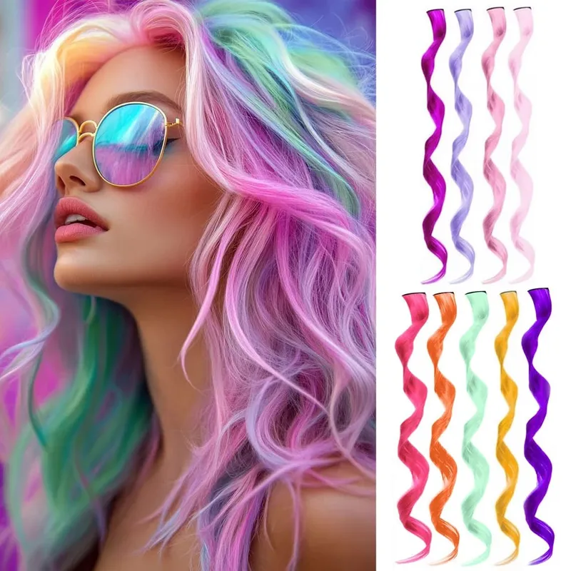 22Iinch Colored Curly Wavy Clip in Hair Extensions for Women Multi-colors Party Highlights Synthetic Rainbow Hairpiece (9 PCS)