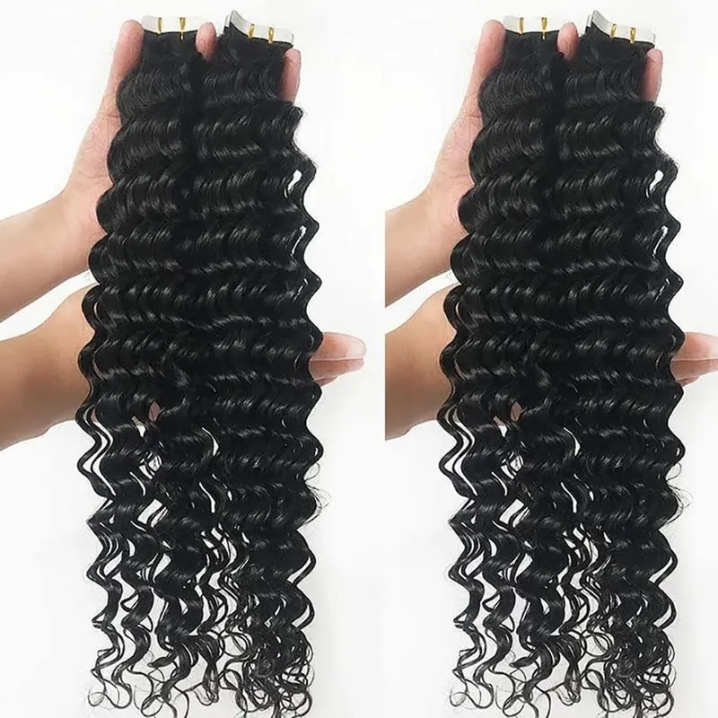 Tape In Hair Extensions Human Hair Deep Curly Tape Ins 20Pcs 50G/Pack Seamless Deep Wave Tape In Human Hair Extensions For Women