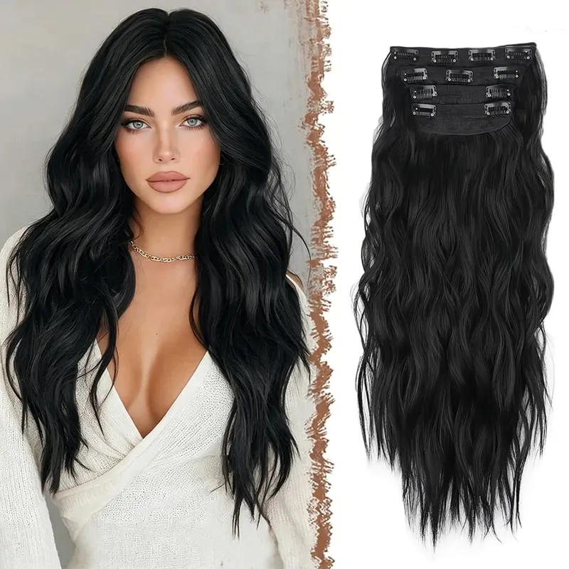 4 PCS Water Wave Clip In Hair Extensions Ombre Blonde Synthetic Natural Hairpieces For Women Lightweight All Day Wear — image 8
