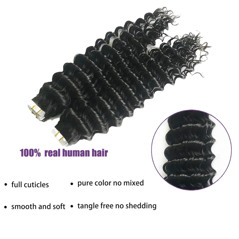 Deep Curly Tape In Human Hair Extensions Curly Wave Brazilian Human Hair Adhesive Remy Hair Skin Weft Seamless Invisible Tape In