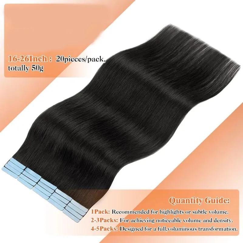 100% Human Hair Tape in Extensions 16 Inch Black 20pcs 50g Invisible Seamless Skin Weft Straight Human Hair Extensions — image 2