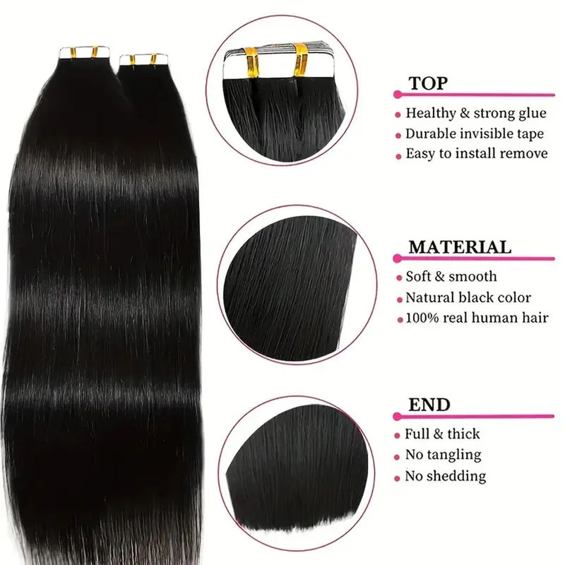 Straight Tape In Hair Extensions 20/40/60pcs Natural Black 100% Brazilian Human Hair Invisible Tape Ins Hair Extension For Women — image 3