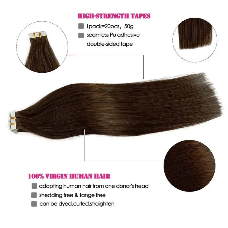 Tape In Hair Extensions Human Hair Dark Brown 50G 20Pcs Invisible Seamless Skin Weft Remy Human Hair Brown Tape Hair Extensions