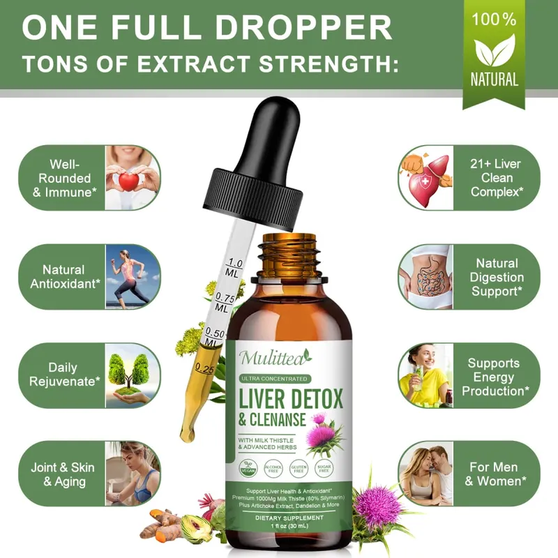 Mulittea Liver Health Drops com cardo leiteiro e alcachofra -60ml de mistura de ervas com silimarina, dente-de-leão, cúrcuma e berberina para limpeza do fígado, reparo de desintoxicação e suporte diário