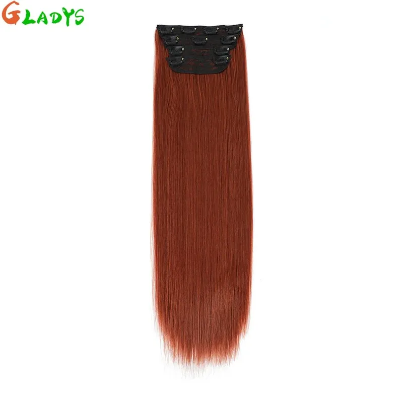 Straight High Temperature Fiber 11 Clips Ins Hair Extensions 24 Inch Orange Brown Synthetic Hair Daily Use Hair Pieces For Women — image 3