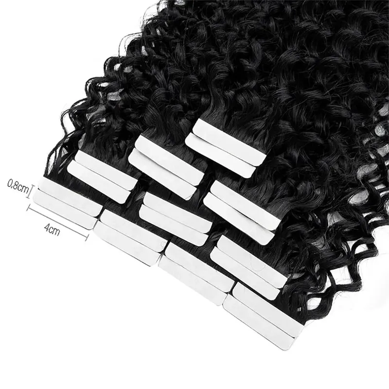 Deep Wave Curly Tape in Hair Extensions 100% Brazilian Human Hair Adhesive Tape on Extensions Human Hair Natural Black 16-26inch