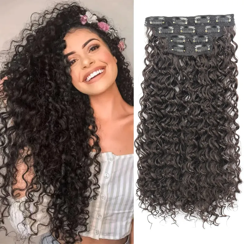 Synthetic Kinky Curly Clip On Hair Extensions Fluffy Messy Heat Resistant Fiber Black Blonde Hair Extensions For Women — image 3