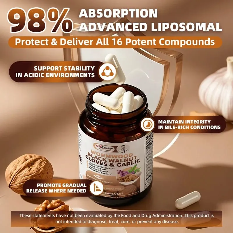 Alliwise 16-in-1 Black Walnut Wormwood Capsules Rapid Gut Cleanse & Digestive Health with Clove Garlic Turmeric Liposomal Delivery 98% Absorption Vegan Gluten-Free