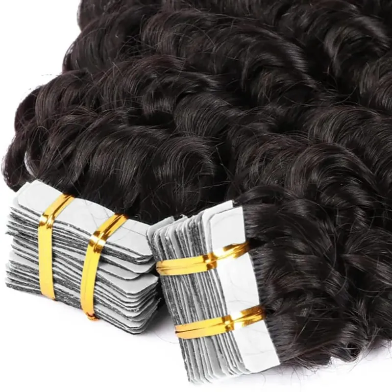 Deep Wave Tape In Hair Extensions Human Hair 20Pcs Double Sided Invisible Tape Hair Extension 50G/Pack Remy Human Hair Tape Ins