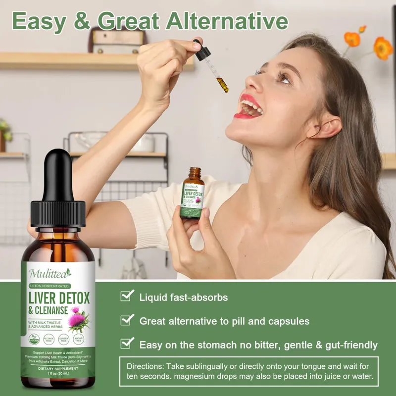 Mulittea Liver Health Drops com cardo leiteiro e alcachofra -60ml de mistura de ervas com silimarina, dente-de-leão, cúrcuma e berberina para limpeza do fígado, reparo de desintoxicação e suporte diário