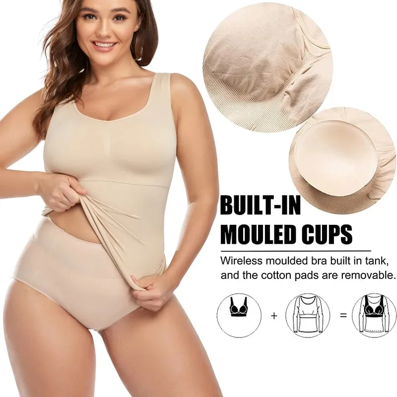Top Tank untuk Wanita dengan Bra Rak Terbina dalam Bra Kasual Tali Lebar Asas Kamisol Tanpa Lengan Pembentuk Atas dengan Bra Boleh Tanggal