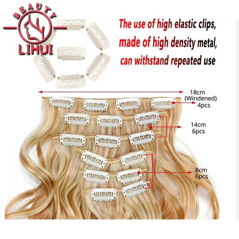 Long Wavy Hair Extensions Synthetic Clip In Hair Extensions Ombre Honey Blonde Dark Brown Thick Hairpieces 6pcs/set 20 Inch — image 2