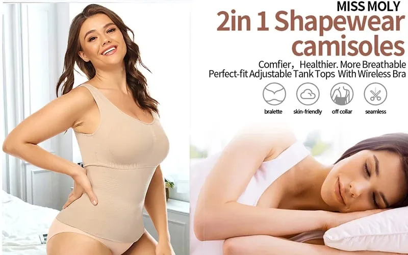 Top Tank untuk Wanita dengan Bra Rak Terbina dalam Bra Kasual Tali Lebar Asas Kamisol Tanpa Lengan Pembentuk Atas dengan Bra Boleh Tanggal