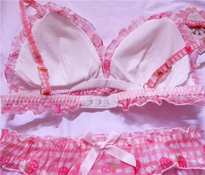 Bonito japonês sutiãs briefs conjunto de roupa interior lolita menina rosa xadrez flor malha sexy morango impressão sutiã e calcinha conjunto lingerie