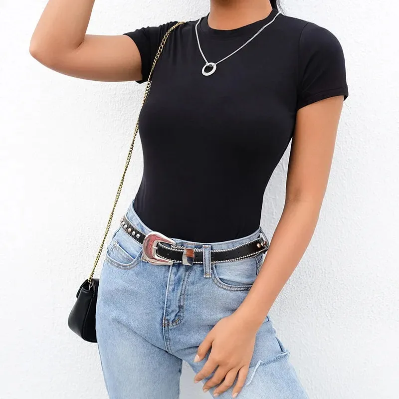 Casual Basic สีดำสีขาวบอดี้สูทผู้หญิงฤดูร้อนแขนสั้นผู้หญิงด้านบนผ้าฝ้าย Bodycon Jumpsuit Romper สุภาพสตรี 2020