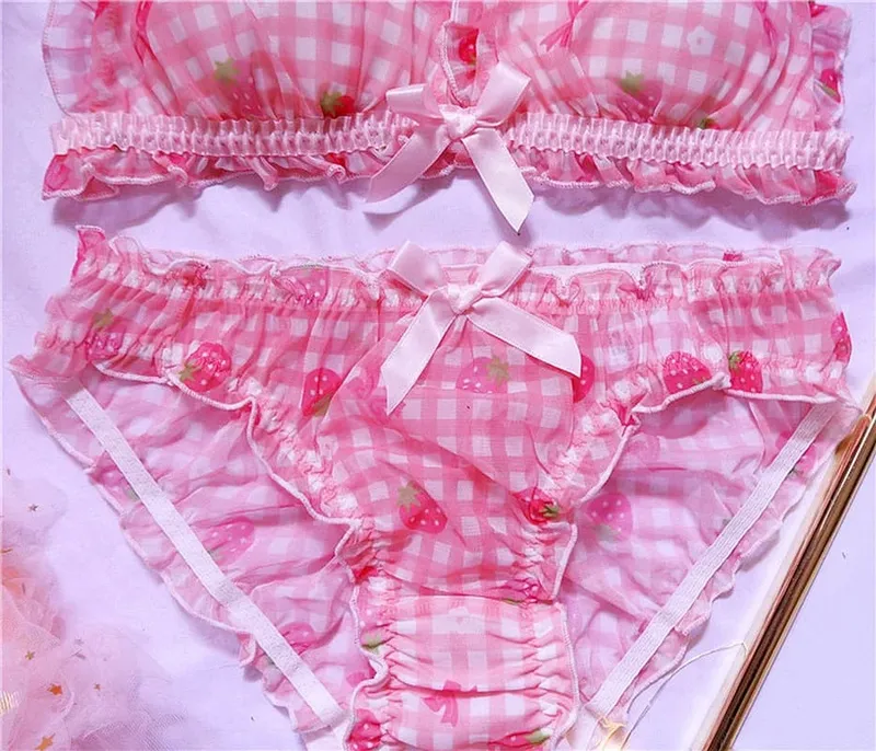Bonito japonês sutiãs briefs conjunto de roupa interior lolita menina rosa xadrez flor malha sexy morango impressão sutiã e calcinha conjunto lingerie