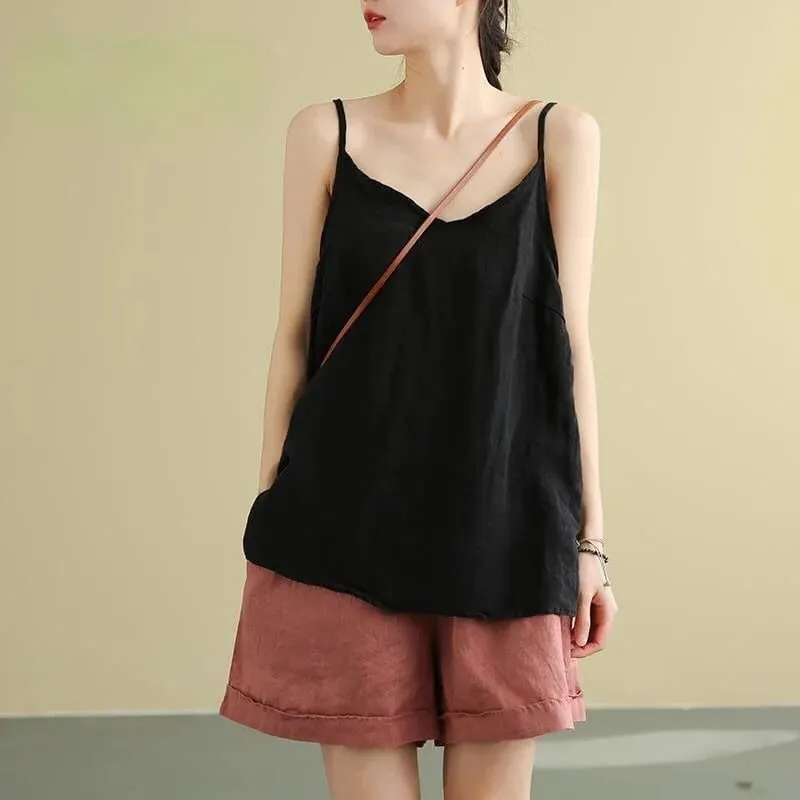 Women's Summer Top Cotton Linen Spaghetti Strap Top Women Halter V Neck Basic Yellow Sleeveless Tank Tops Loose Casual Camis