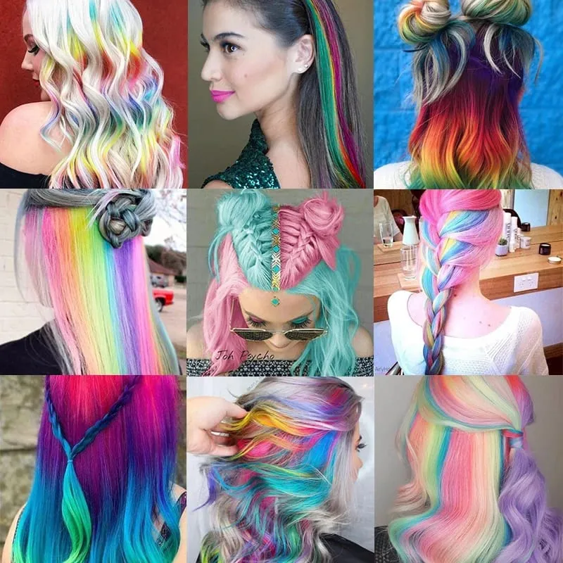 22 Inch Colored Highlight Synthetic Hair Extensions Rainbow Long Straight Hairpieces for Women Kids Girls Purple Pink Blue