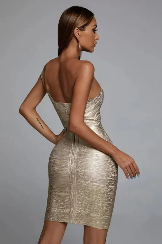 High Quality Celebrity One Shoulder Foiling Gold Print Rayon Bandage Dress Elegant Club Party Dress Vestidos
