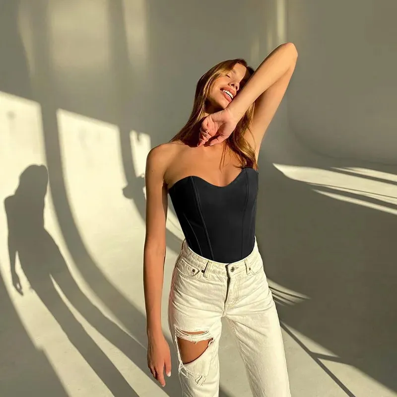 ผู้หญิงเซ็กซี่ Tube Tops Solid Slim Skinny Corset Cropped Top 2023 ฤดูร้อนสบายๆหญิงที่ไม่มีสายหนังเสื้อกั๊ก