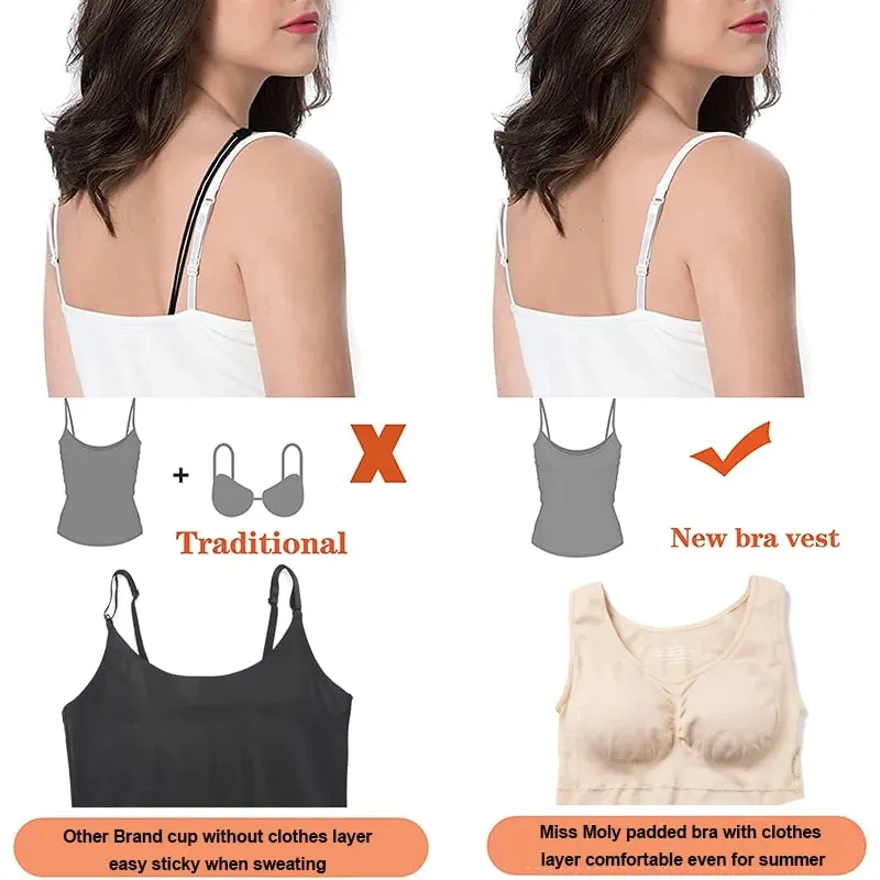 Top Tank untuk Wanita dengan Bra Rak Terbina dalam Bra Kasual Tali Lebar Asas Kamisol Tanpa Lengan Pembentuk Atas dengan Bra Boleh Tanggal