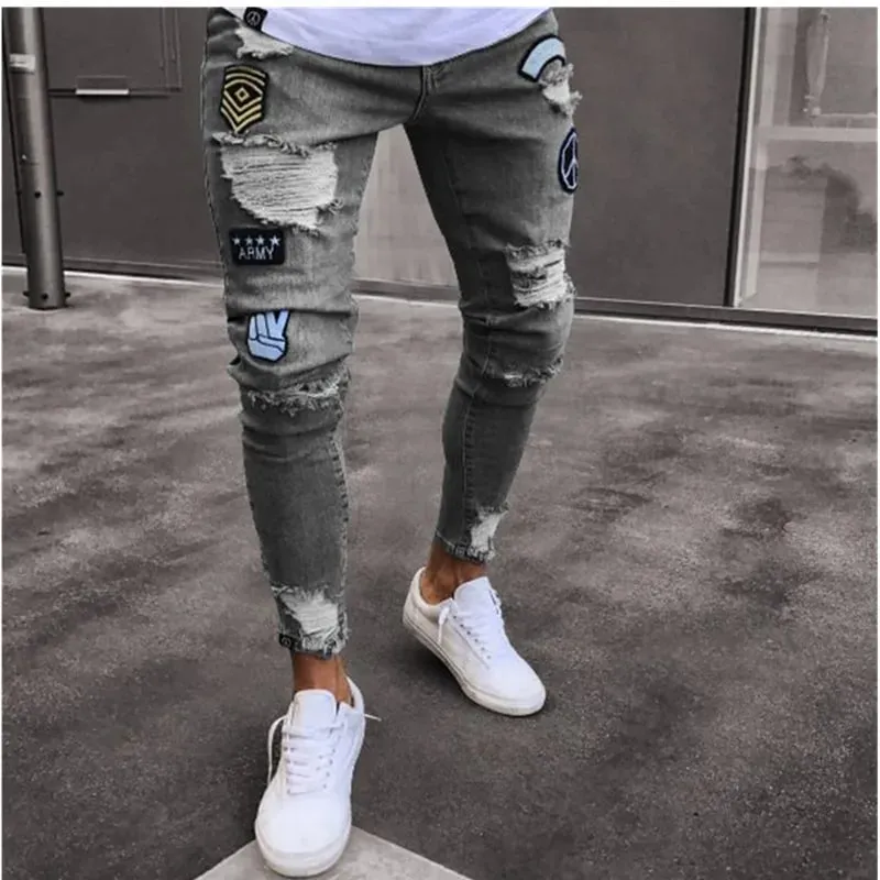 Men Stretchy Ripped Skinny Biker Embroid