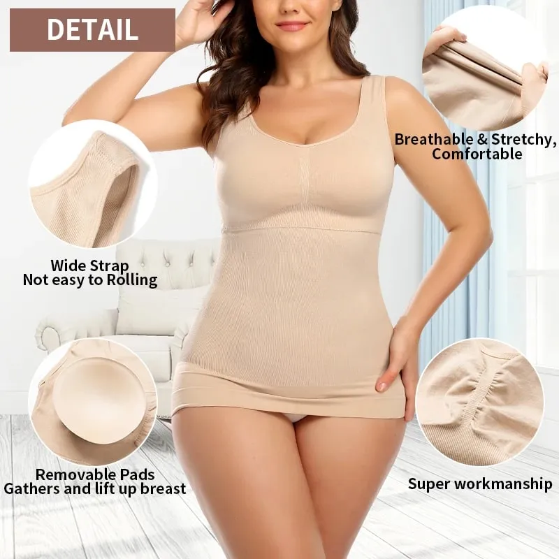 Top Tank untuk Wanita dengan Bra Rak Terbina dalam Bra Kasual Tali Lebar Asas Kamisol Tanpa Lengan Pembentuk Atas dengan Bra Boleh Tanggal