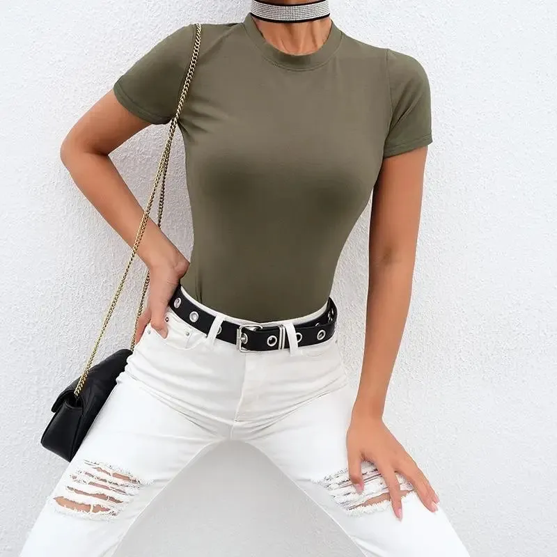 Casual Basic สีดำสีขาวบอดี้สูทผู้หญิงฤดูร้อนแขนสั้นผู้หญิงด้านบนผ้าฝ้าย Bodycon Jumpsuit Romper สุภาพสตรี 2020