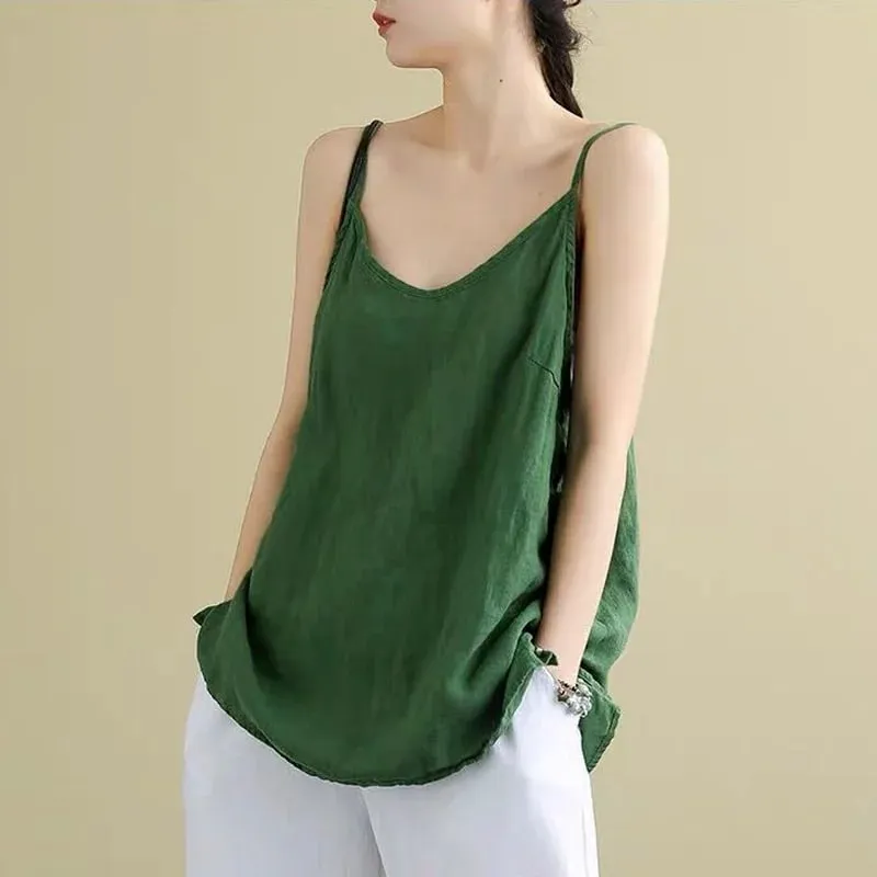 Women's Summer Top Cotton Linen Spaghetti Strap Top Women Halter V Neck Basic Yellow Sleeveless Tank Tops Loose Casual Camis