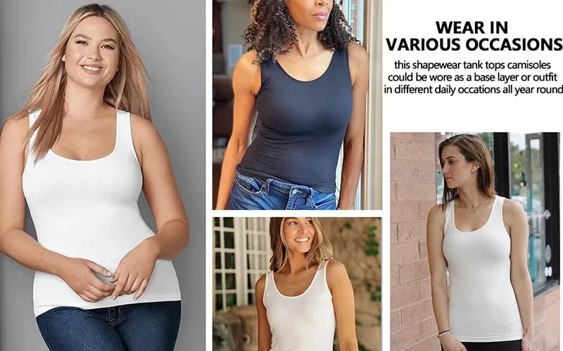 Top Tank untuk Wanita dengan Bra Rak Terbina dalam Bra Kasual Tali Lebar Asas Kamisol Tanpa Lengan Pembentuk Atas dengan Bra Boleh Tanggal