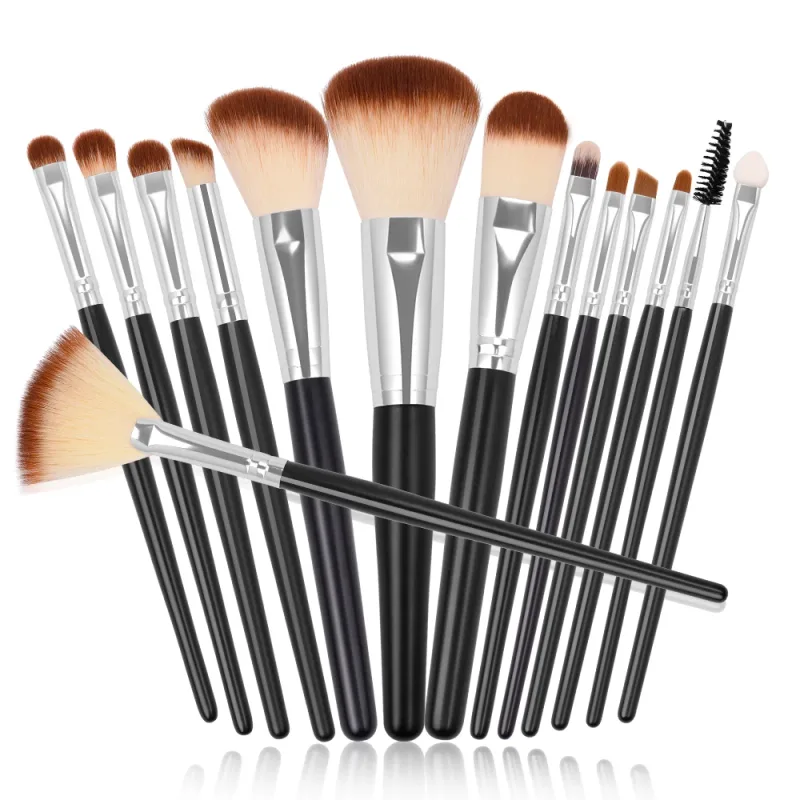 15pcs Makeup Brushes Set Fan Brush Powder Foundation Blusher Bronzer Eyeshadow Liner Brow Lip Gloss Contour Highlight Blend Tool