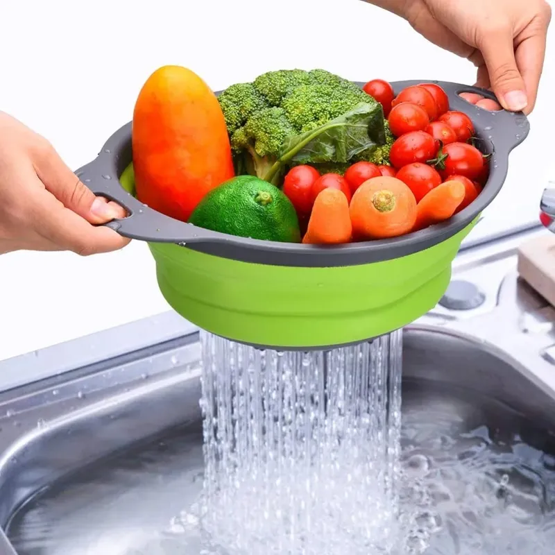 Round Folding Colander BPA Free Fruits Vegetables Washing Drain Basket Kitchen Colander Strainer Dishwasher Safe KC0236