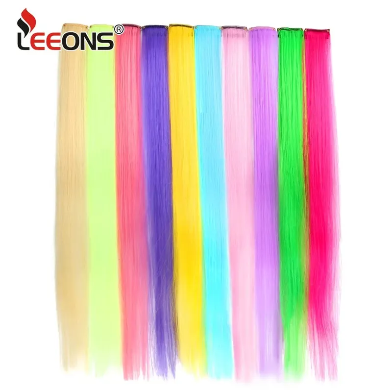 Leeons Clip In One Piece Przedłużanie włosów Prosto Ombre Fioletowy Niebieski Różowy Przedłużanie włosów Kobiety Syntetyczne sztuczne sztuczne włosy