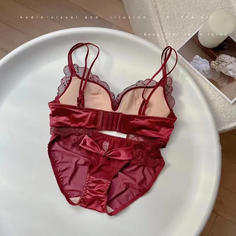 性感蕾絲緞面乳膠內衣套裝薄款純棉透氣舒適小胸內衣套裝美麗內衣後背文胸 — image 6
