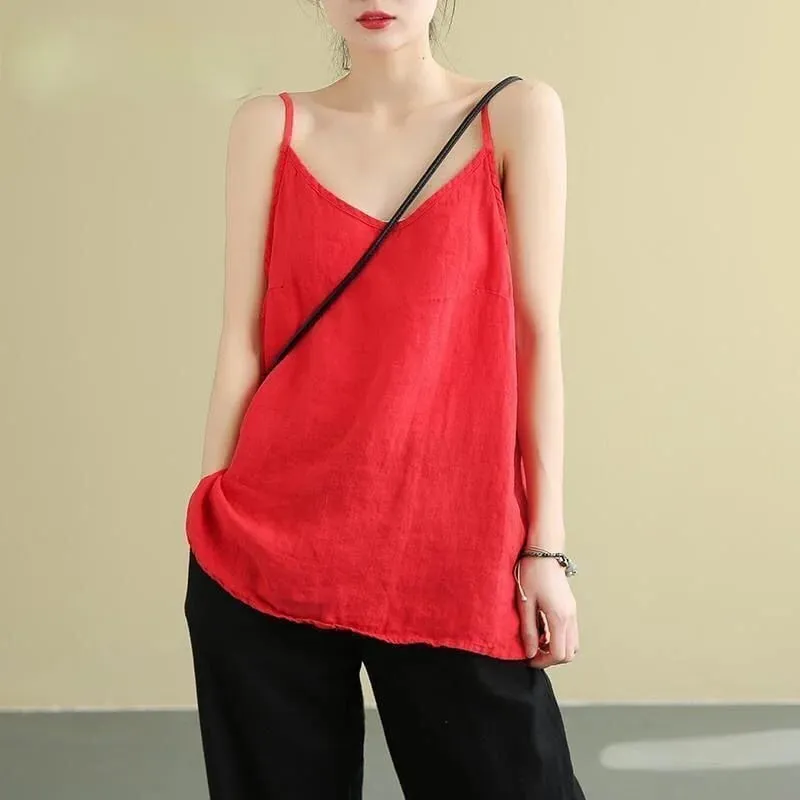Women's Summer Top Cotton Linen Spaghetti Strap Top Women Halter V Neck Basic Yellow Sleeveless Tank Tops Loose Casual Camis