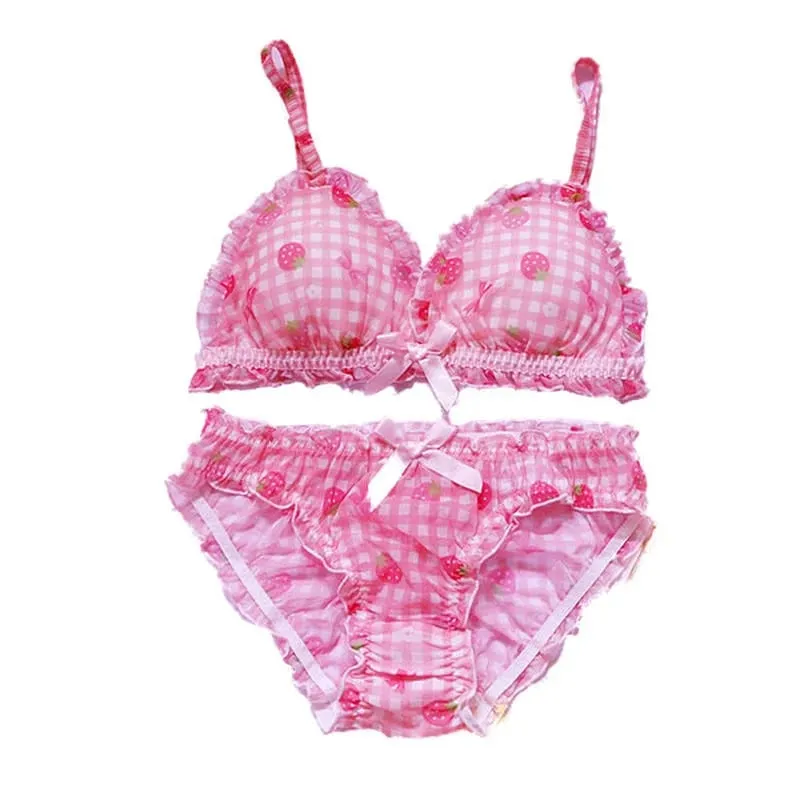 Bonito japonês sutiãs briefs conjunto de roupa interior lolita menina rosa xadrez flor malha sexy morango impressão sutiã e calcinha conjunto lingerie