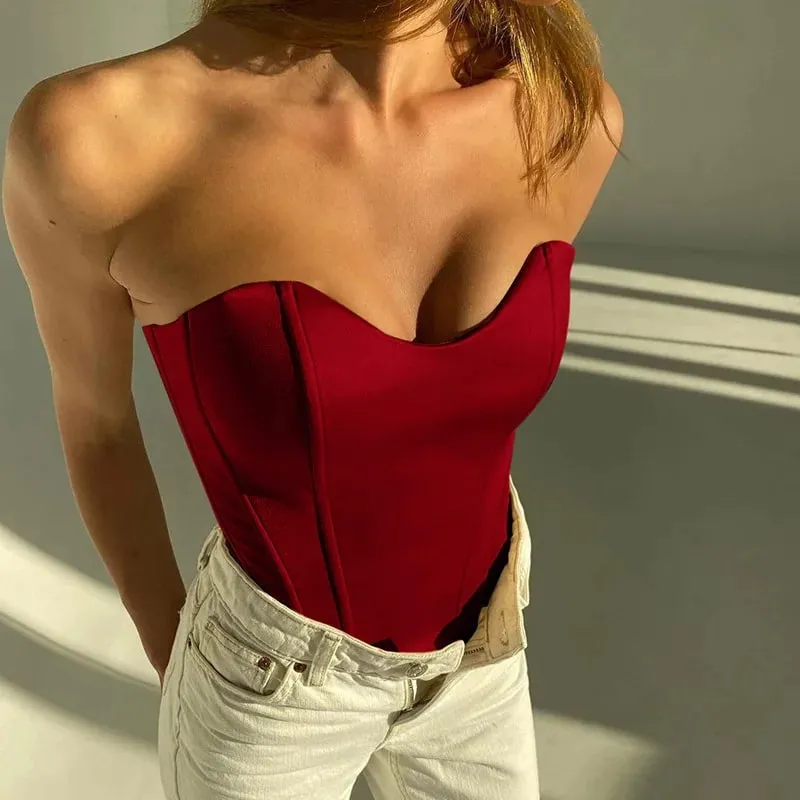ผู้หญิงเซ็กซี่ Tube Tops Solid Slim Skinny Corset Cropped Top 2023 ฤดูร้อนสบายๆหญิงที่ไม่มีสายหนังเสื้อกั๊ก