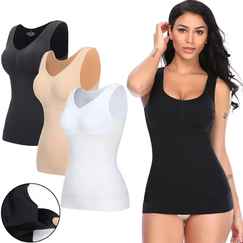 Top Tank untuk Wanita dengan Bra Rak Terbina dalam Bra Kasual Tali Lebar Asas Kamisol Tanpa Lengan Pembentuk Atas dengan Bra Boleh Tanggal